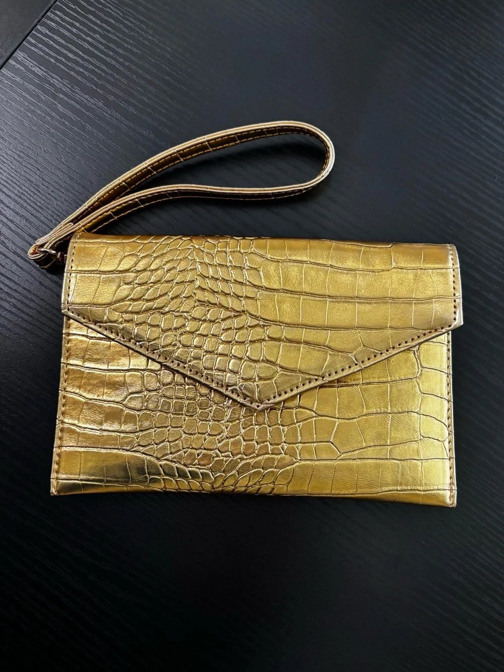 Gold Metallic Croc Embossed Envelope Clutch Wristlet Purse